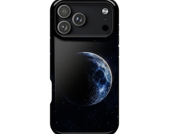 May include: A black smartphone case featuring a high-resolution graphic of a crescent moon against a dark, starry space background. The case includes a rectangular camera cutout at the top left with three circular lenses and a small flash unit.