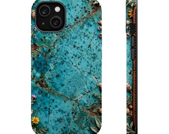 May include: A phone case featuring a vibrant turquoise stone texture with dark veining and small, colourful floral accents along the edges. The design includes a dual-view display showing both the back panel and the side profile of the case.