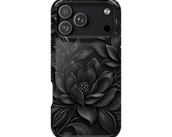 May include: A black smartphone case featuring a three-lens camera module at the top and a detailed, embossed-style floral pattern across the back. The design displays dark grey and black layered petals and leaves with a matte finish throughout.