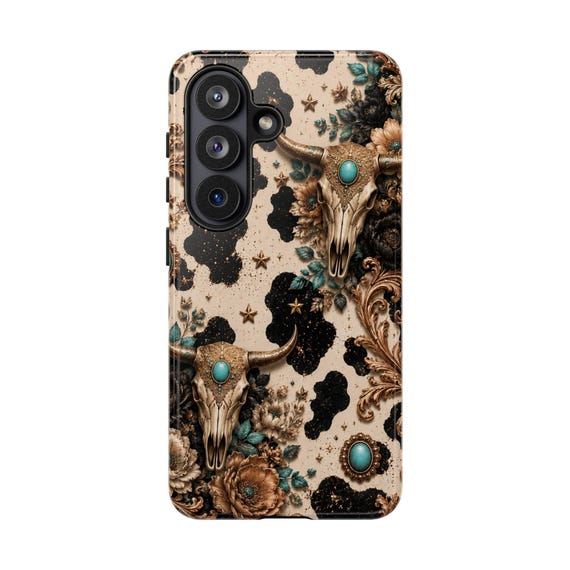 Boho Western Phone Case, Cow Skull, Turquoise Flowers (Shock Absorbent)