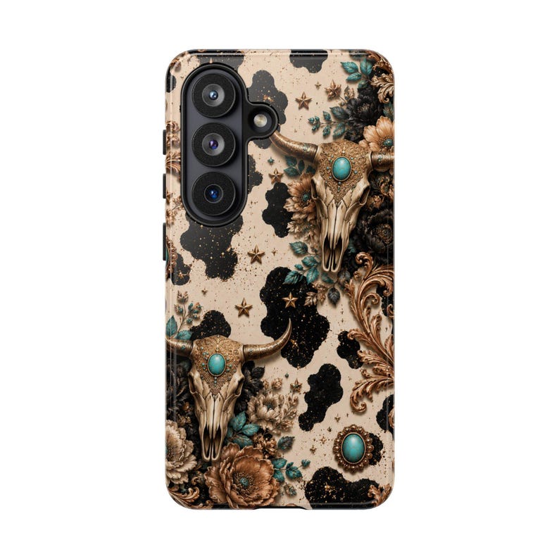 Boho Western Phone Case, Cow Skull, Turquoise Flowers (Shock Absorbent)