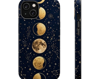 May include: A dark navy blue phone case featuring a vertical sequence of golden moon phases. The design includes scattered gold stars and thin white constellations against the deep blue background, visible from both front and side angles.