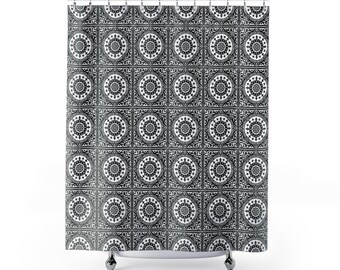Black and White Tile Shower Curtain, Vintage Encaustic Tile Bath Curtain, Moroccan Medallion Bathroom Decor, Retro Curtain 71x74