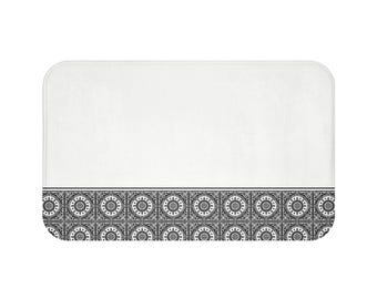 Black White Tile Bath Mat, Vintage Encaustic Bathroom Rug, Memory Foam Bath Mat, Monochrome Accent Mat, Retro Bathroom Decor