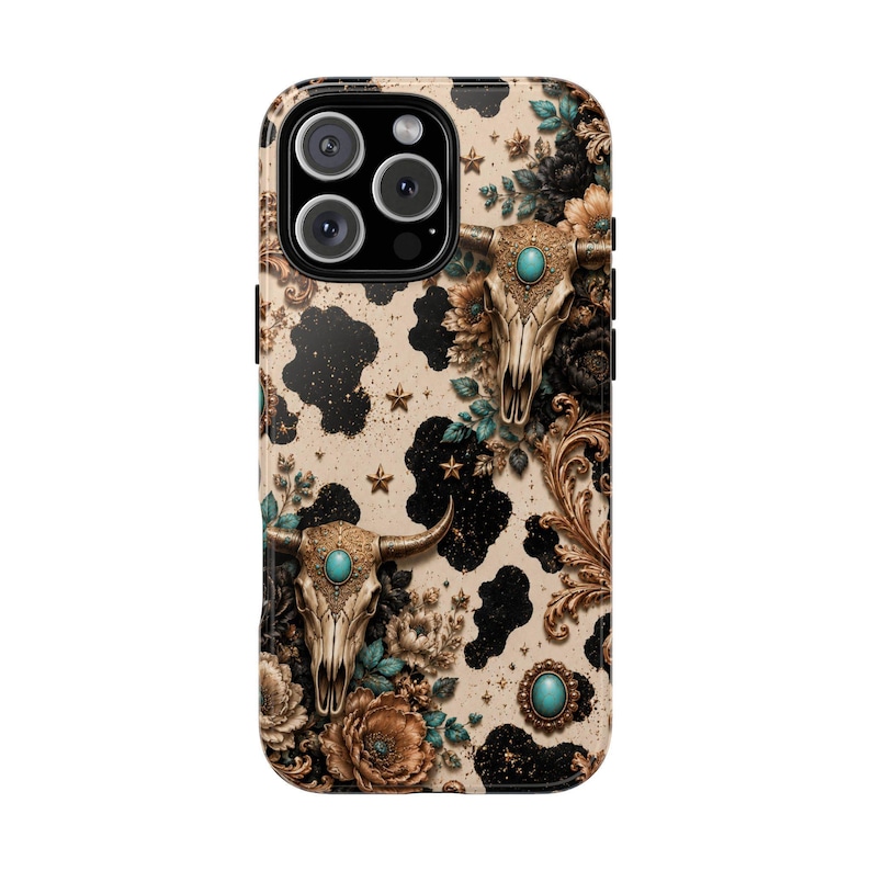 a phone case with a floral and skull design.