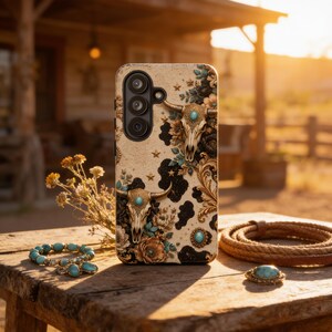 A phone case with a floral design featuring two cow skulls and a wooden background, placed on a wooden table with various accessories such as a bracelet and a rope.