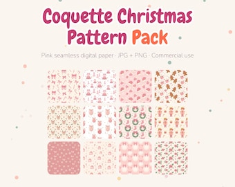 May include: A digital collection titled Coquette Christmas Pattern Pack featuring 12 seamless patterns with pink and festive motifs like bows, candy canes, gingerbread men, stockings, and wreaths. Includes JPG and PNG files at 30.48 cm by 30.48 cm.