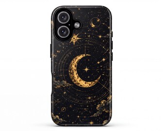 Celestial Phone Case, Astrology And Moon | Black Gold | 3D Wrap Artwork, UV Protected Print
