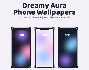May include: A digital product display featuring the text Dreamy Aura Phone Wallpapers, 12 pack, Dark + Light, iPhone & Android. Three smartphone screens are shown, each displaying a soft, blurred gradient background in purple, pink, and blue hues.