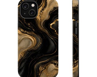 May include: A smartphone case featuring a fluid, abstract marble pattern in deep black, charcoal, and metallic gold tones. The design includes swirling, organic shapes with shimmering gold accents that mimic the appearance of liquid gold veins.