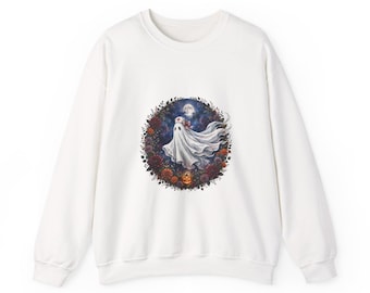May include: A white long-sleeve sweatshirt featuring a central circular graphic of a ghost wearing a nurse cap, surrounded by a dark floral wreath with orange pumpkins and a full moon against a deep blue starry night sky background.