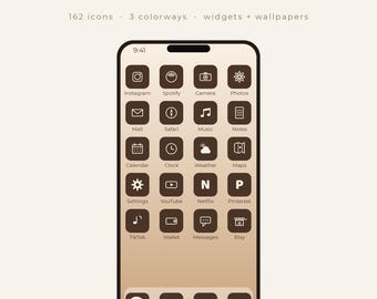 May include: A smartphone screen display featuring CLASSIC APP ICONS with 162 icons, 3 colourways, widgets, and wallpapers. The interface shows dark brown square app icons with white line art symbols for Instagram, Spotify, Camera, Photos, Mail, Safari, Music, Notes, Calendar, Clock, Weather, Maps, Settings, YouTube, Netflix, Pinterest, TikTok, Wallet, Messages, and Etsy.