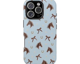 May include: A light blue smartphone case featuring a repeating pattern of brown horse heads, brown bows, and small gold horseshoes. The case has a black camera module cutout at the top left corner, designed to fit a triple-lens camera system.