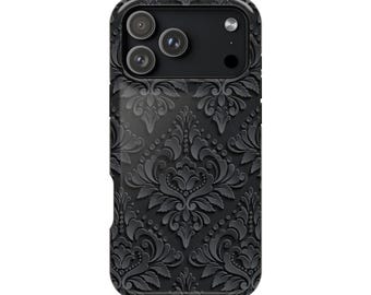 May include: A black smartphone case featuring a raised, monochromatic damask pattern across the back surface. The design includes intricate floral and leaf motifs with a textured, embossed appearance. The camera module area is cut out.
