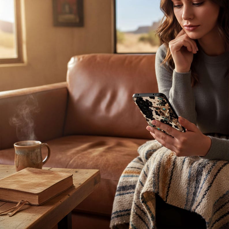 A woman sits on a brown leather couch, holding a phone and looking at it while a mug of coffee sits on a wooden table in front of her.