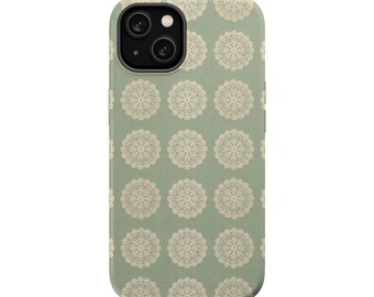 Crochet Lace Phone Case - Cream Doily Lace Sage Cottagecore Case for iPhone 17 16 15 14 13 12 11 Pro Max, Samsung Galaxy S25 S24 S23