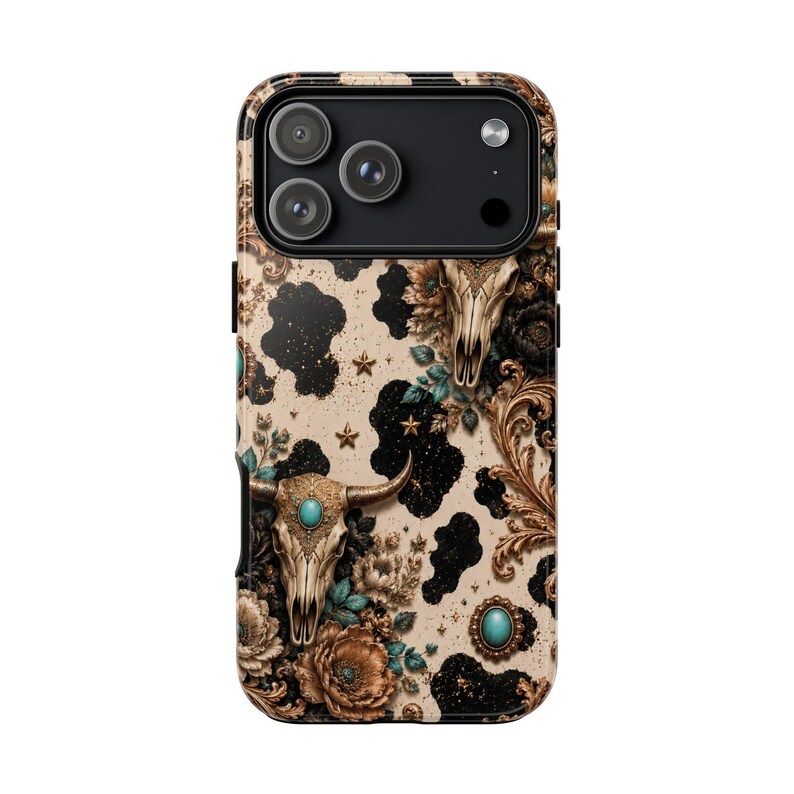 a phone case with a floral and skull design.