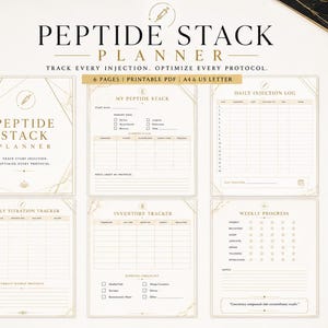Op de afbeelding: Een zes-pagina's tellende printbare Peptide Stack Planner in crème en goud, met secties voor injectielogboeken, wekelijkse titratie, voorraadbeheer en voortgang. Tekst: 'Peptide Stack Planner', 'Track every injection', 'Optimize every protocol'.