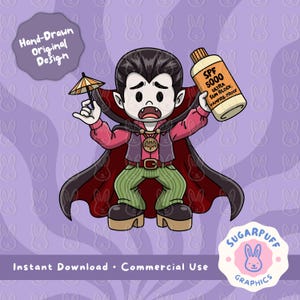 May include: A cartoon illustration of a vampire character wearing a red shirt, purple vest, and green striped pants with a cape. The character holds a small cocktail umbrella and a bottle labeled SPF 5000 Ultra Sun Block Vampire-Proof.