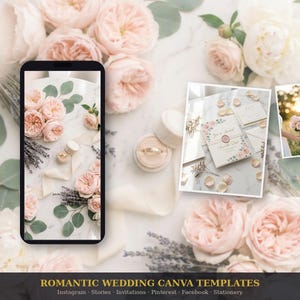 Pode incluir: Uma composição de casamento com um smartphone, cartões de convite e uma caixa de anel, rodeada por rosas cor-de-rosa, eucalipto e lavanda. A imagem inclui o texto "ROMANTIC WEDDING CANVA TEMPLATES".