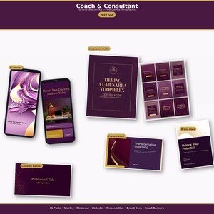 Op de afbeelding: Een brand starter kit met 66 Canva-sjablonen voor coaches en consultants. Het bevat Instagram-berichten, LinkedIn-banners, presentatiesjablonen en merkdrukwerk in een paars en goud kleurenschema.