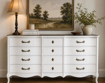 Vintage Dixie French Provincial Dresser – Model 70-3 – 1960s Serpentine 9 Drawer, Refinished White