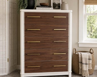 brown white kids dresser Benjara Bm316689 52 in. Kara 6 Drawers Cutout Handles White & Brown Wood Kids Dresser