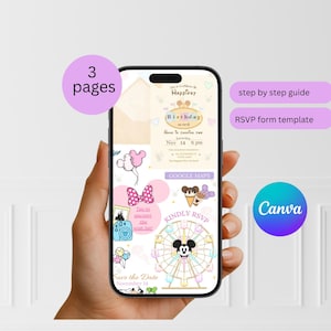 May include: A smartphone screen displaying a three-page digital birthday invitation template with a theme featuring a Ferris wheel, balloons, and character-inspired icons. The design includes text for a birthday celebration, RSVP details, and a Google Maps link.