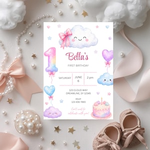May include: A watercolour invitation for Bella's first birthday, featuring clouds, balloons, and a cake. The design is in pastel colours. The text includes the date, time, and RSVP details. Decorative elements include stars and hearts.