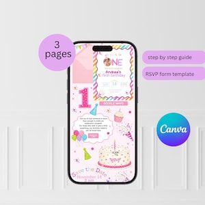 May include: A smartphone screen displaying a digital birthday invitation template with pink, purple, and yellow party graphics. The design includes a photo placeholder, a large number one, a cake illustration, and text reading Andrea's first birthday.