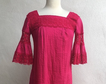 Vintage pink raseberry Mexican maxi dress pintuck cotton crochet angel sleeves sz S/M