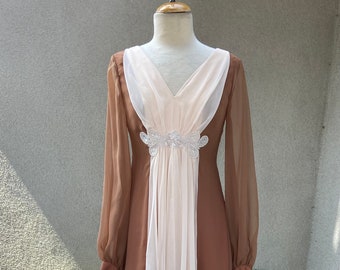 Vintage 1970s maxi sheer chiffon dress soft brown and cream with bodice beaded embellishment  8 Sm Emma Domb California
