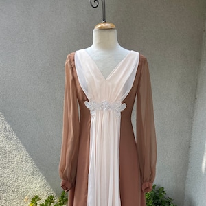 Vintage 1970s maxi sheer chiffon dress soft brown and cream with bodice beaded embellishment 8 Sm Emma Domb California image 1