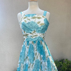 Vintage 60s chiffon party dress midi blue floral sz XS