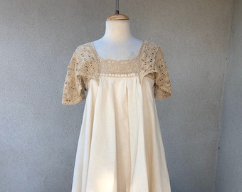 Vintage Mexican  dress beige cotton muslin crochet lace XS by Tipicona Mexico