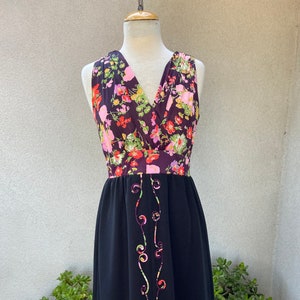 Vintage custom made boho maxi dress black with floral multi colors braid accents sz Medium. image 1