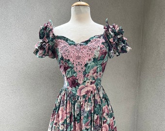 Vintage Jessica McClintock Bridal pattern green pink floral dress attached petticoat Sz XS