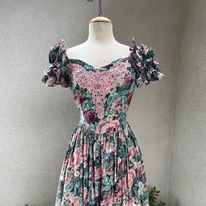 Vintage Jessica McClintock bruidspatroon groen roze bloemenjurk bevestigd petticoat maat XS