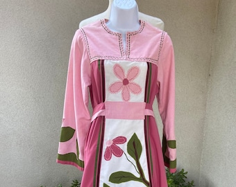 Vintage bohemian custom made kaftan long dress pinks greens floral applications XS