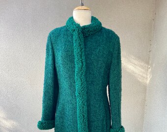 Vintage wool tweed blue green coat wooly thick yarn trim pockets by Continent Style sz S/M