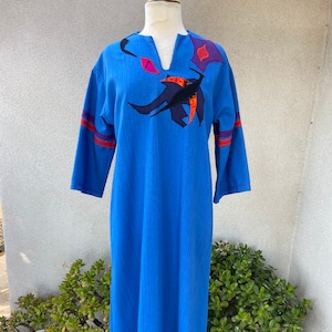 Vintage boho blue kaftan dress with appliqué accents custom made by Kirsten Helweg Large image 1