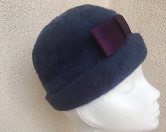 Vintage mid century royal blue fuzzy formal hat purple bow Mystere Betmar