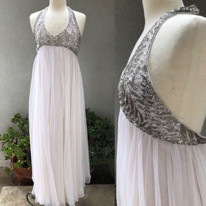 Vintage elegant halter maxi gown ivory chiffon sliver beaded bodice Sz XS Victoria Royal Ltd of Hong Kong China image 1