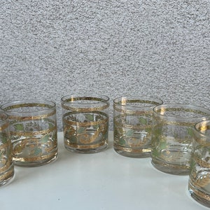Vintage MCM Culver rock tumbler glasses set 6 grapevine leaves green & blue gold rims barware image 2