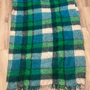 Vintage Große Mohair Decke Kariert Grün Blau Alle Mohair Flor 86 “X 65”