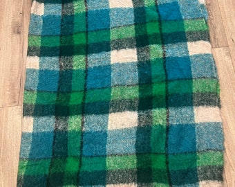 Vintage Large Mohair Blanket Plaid Green Blue All Mohair Pile 86” X 65”