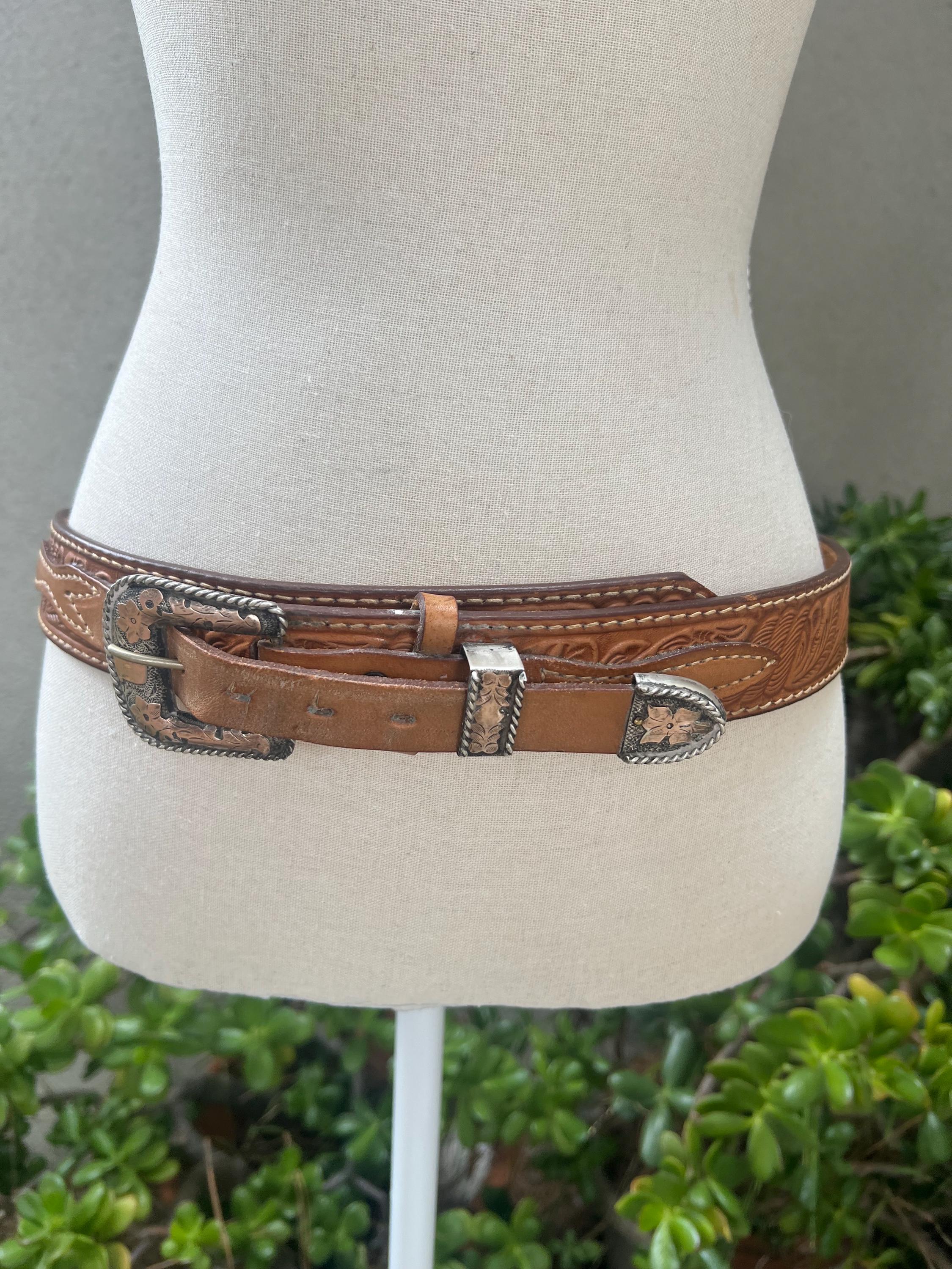 Vintage Western Belt Tooled Leather Mexican Sterling Silver 