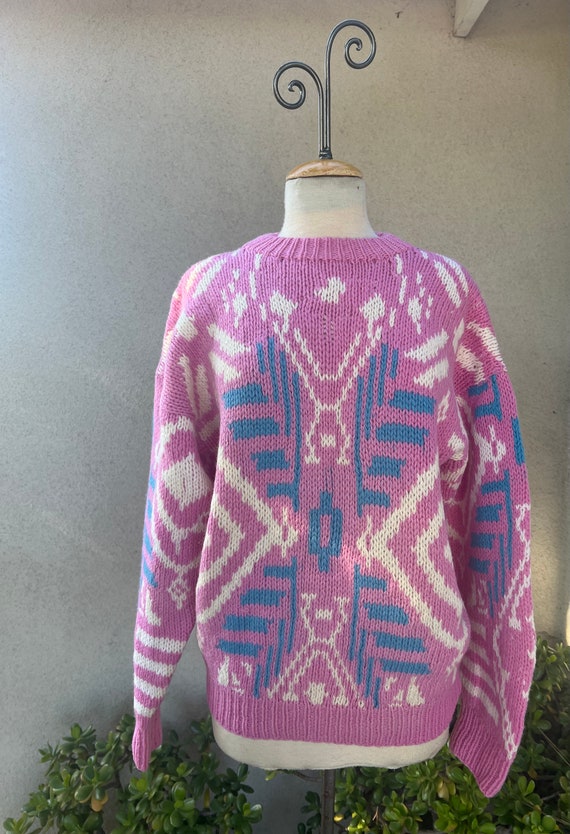 Vintage 80s wool knit sweater pink blue white pul… - image 1