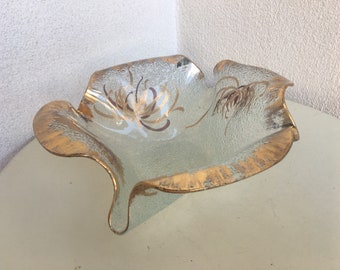 Vintage Dorothy Thorpe Mid  Century modern Atomic handkerchief wavy beaded glass bowl gold metallic size 4” x 10"