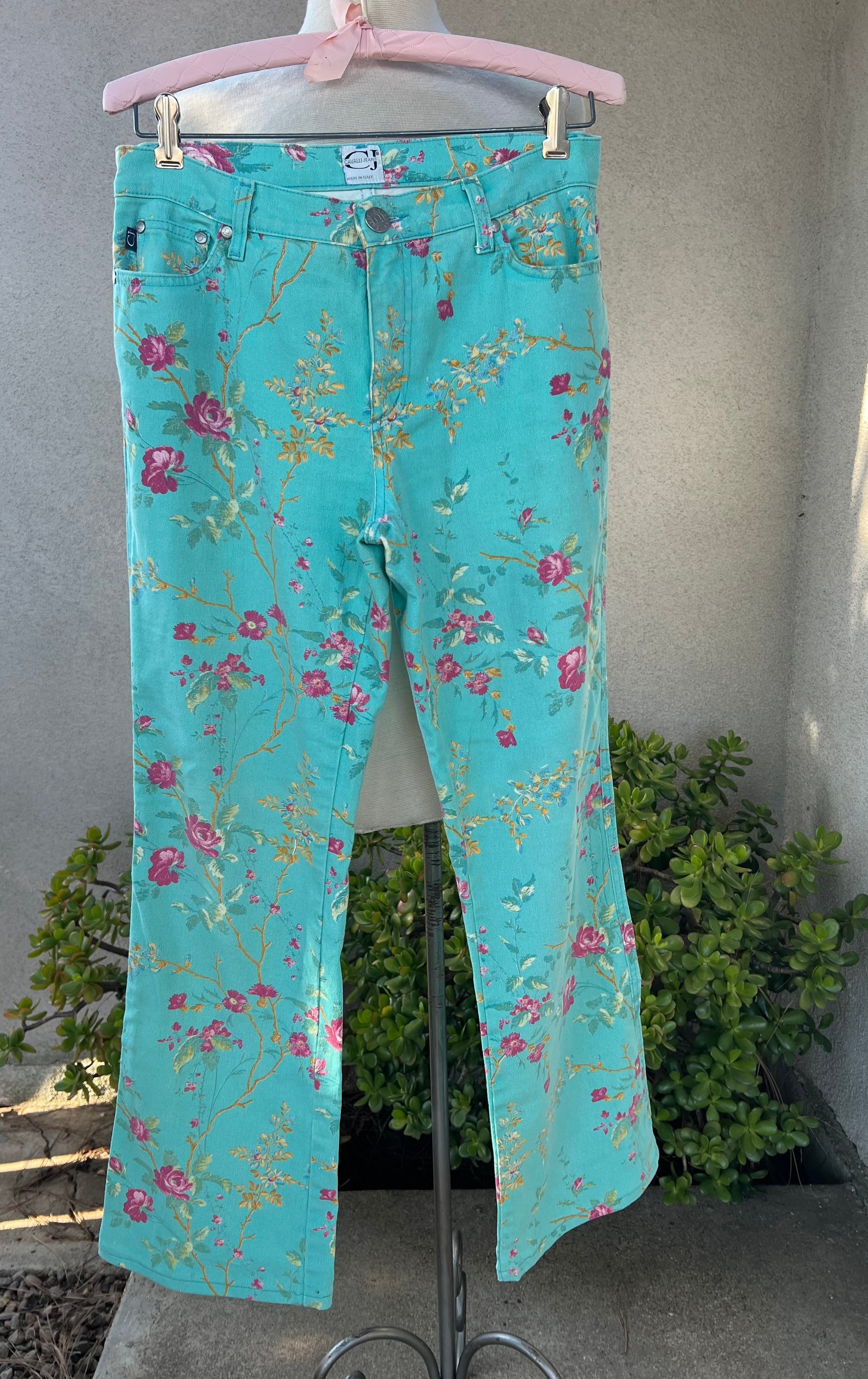 CAVALLI JEANS 花柄カジュアルパンツ 水色　イタリア製　ビンテージ Vintage Cavalli Jeans Blues Floral Sz 29” Made in Italy Pockets
